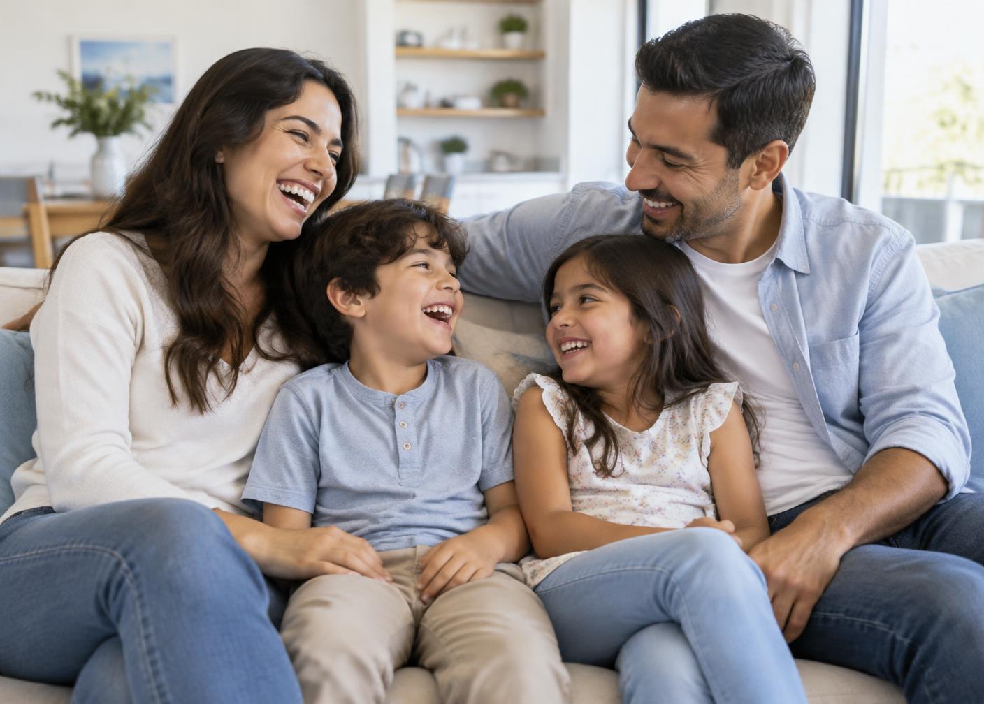 Familia con dos hijos riendo juntos en el sofá