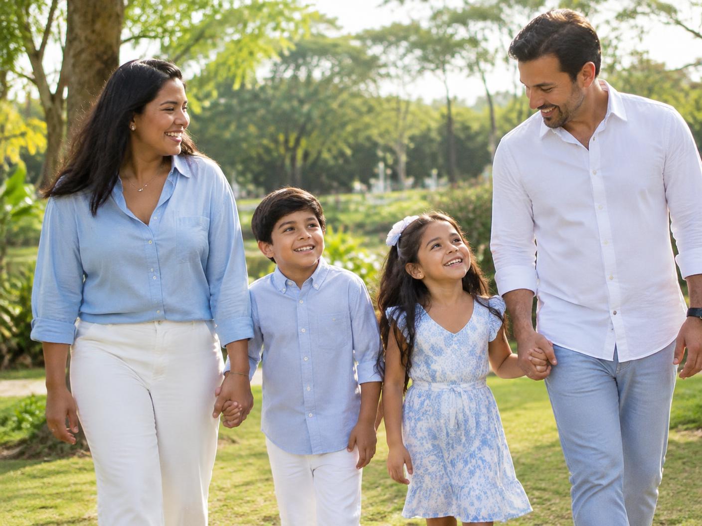 Familia caminando de la mano en un parque